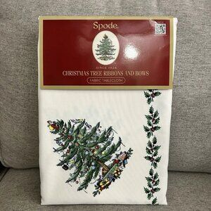 NEW Spode Christmas Tree Ribbons & Bows Fabric Tablecloth - Seats 6-8